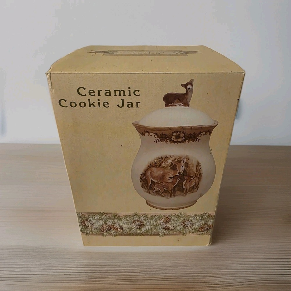 NEW! Cracker Barrel Ceramic Cookie Jar with Deer Lid 🦌 Pinecone Winter Scene. - Picture 4 of 9